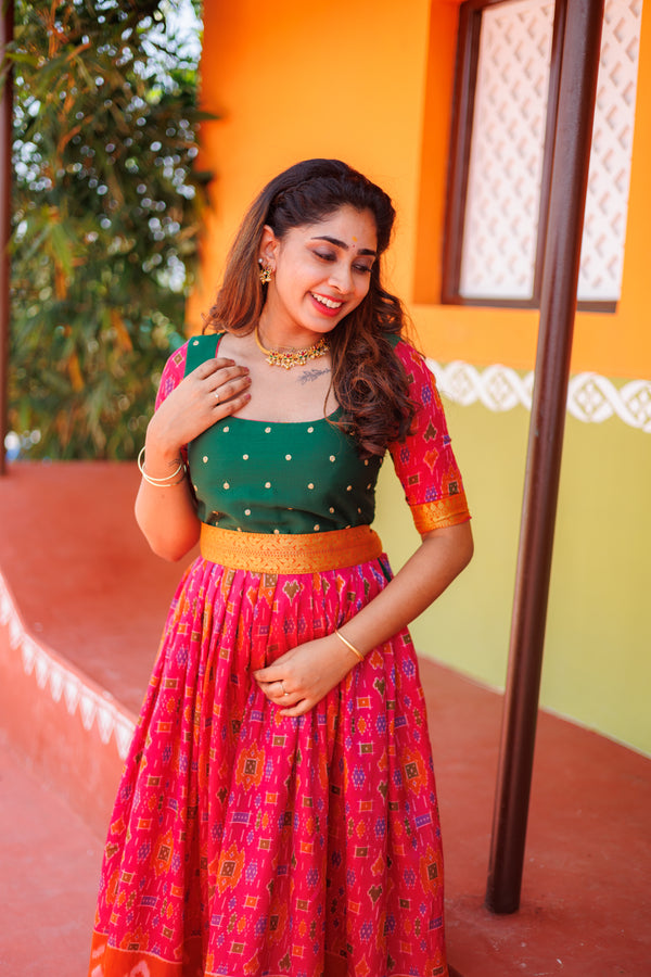 Bhumika Magenta Pochampalli Dress with green yoke