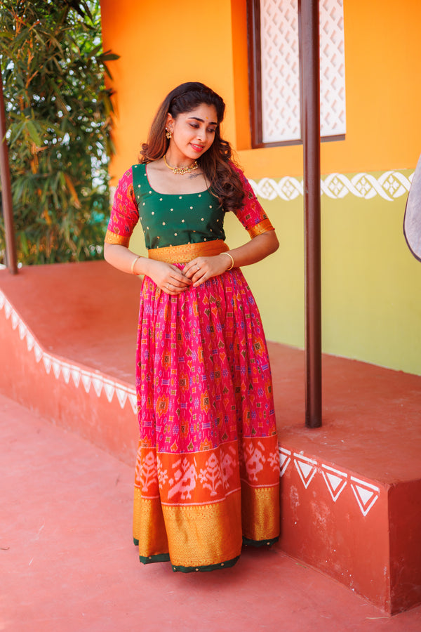 Bhumika Magenta Pochampalli Dress with green yoke