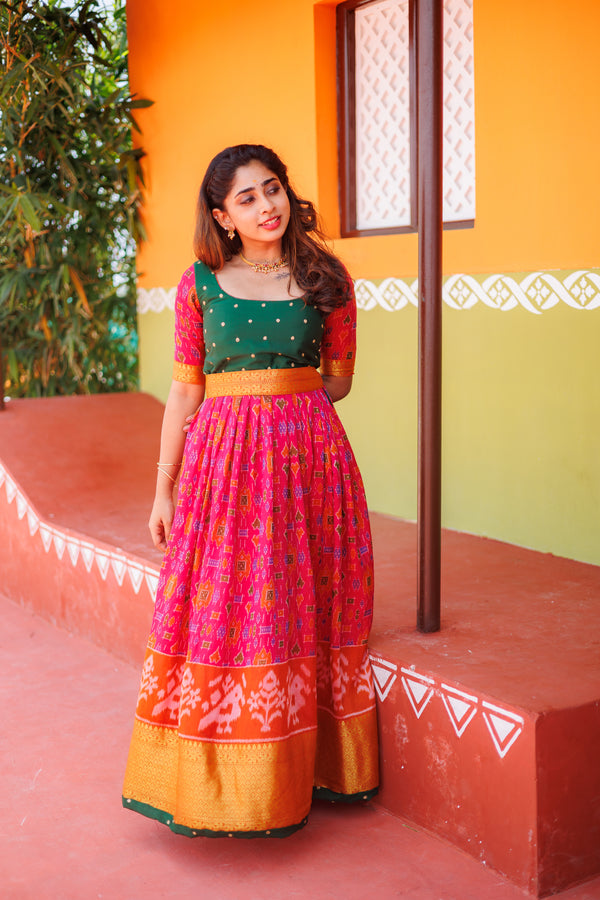Bhumika Magenta Pochampalli Dress with green yoke