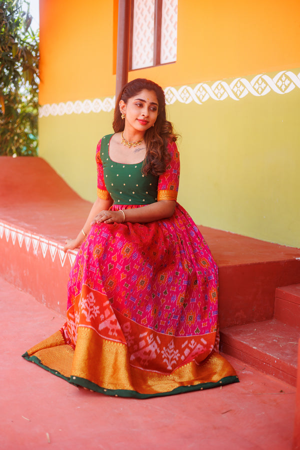 Bhumika Magenta Pochampalli Dress with green yoke