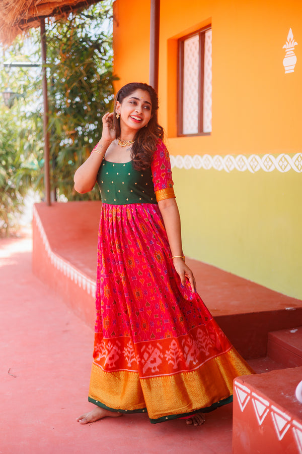 Bhumika Magenta Pochampalli Dress with green yoke