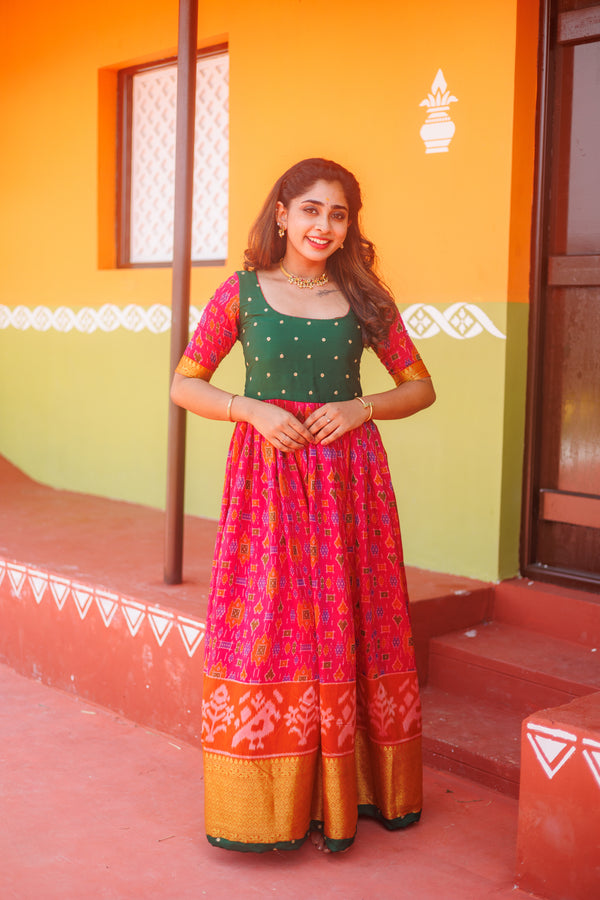 Bhumika Magenta Pochampalli Dress with green yoke