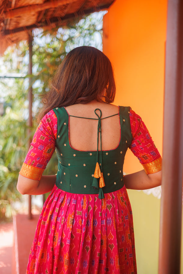 Bhumika Magenta Pochampalli Dress with green yoke