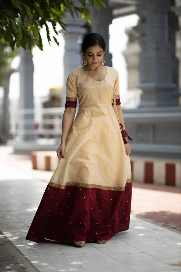 Kayalvizhi Cream and Maroon