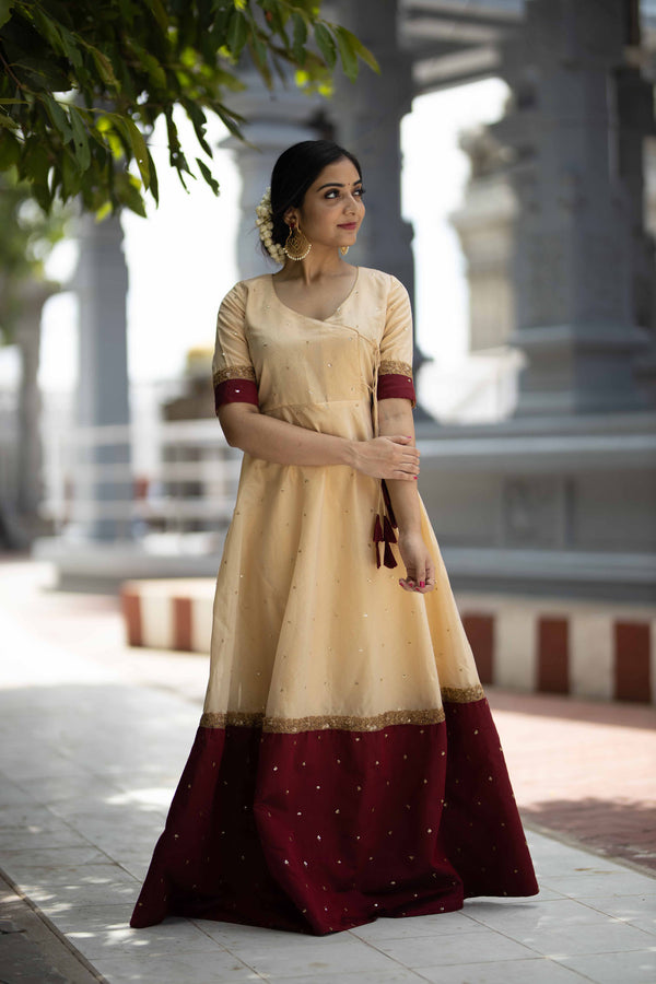 Kayalvizhi Cream and Maroon
