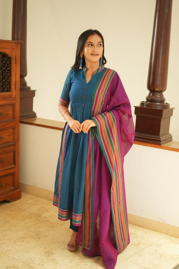 Yashika Teal with Magenta Handloom Cotton Kurta Set