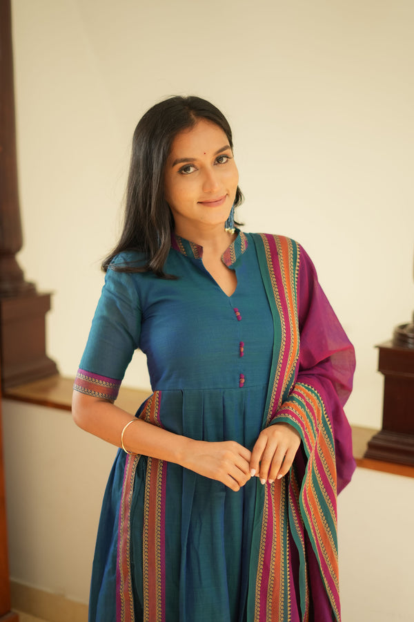 Yashika Teal with Magenta Handloom Cotton Kurta Set
