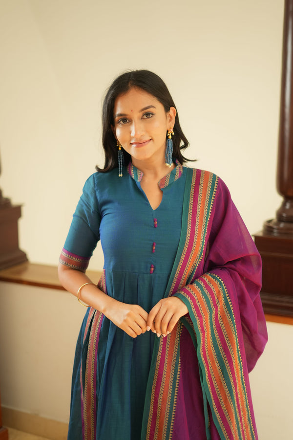 Yashika Teal with Magenta Handloom Cotton Kurta Set