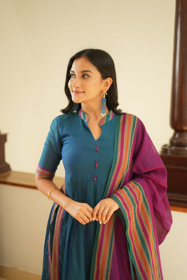 Yashika Teal with Magenta Handloom Cotton Kurta Set