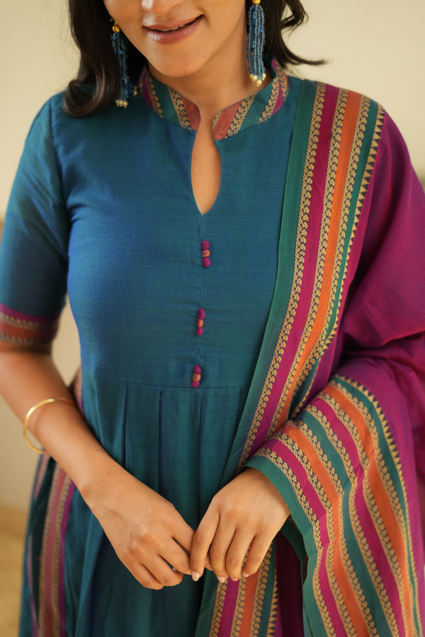 Yashika Teal with Magenta Handloom Cotton Kurta Set