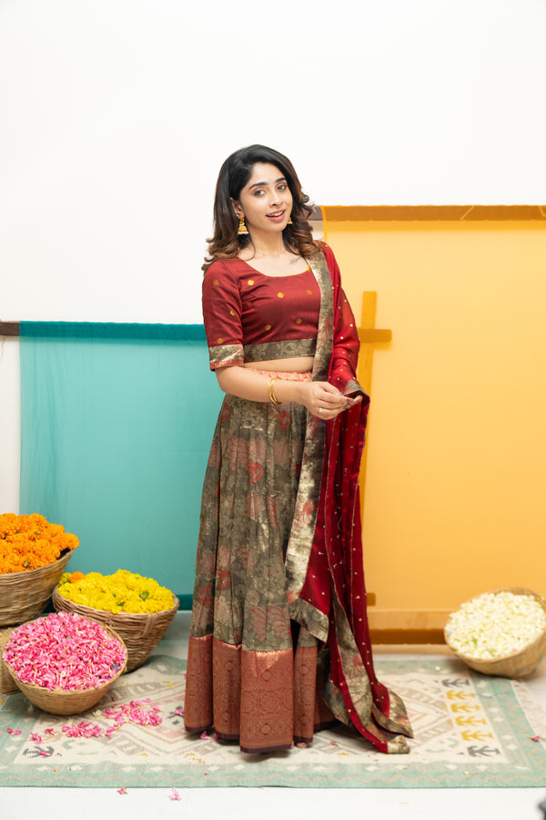 Ishwarya Maroon Crop top & Skirt