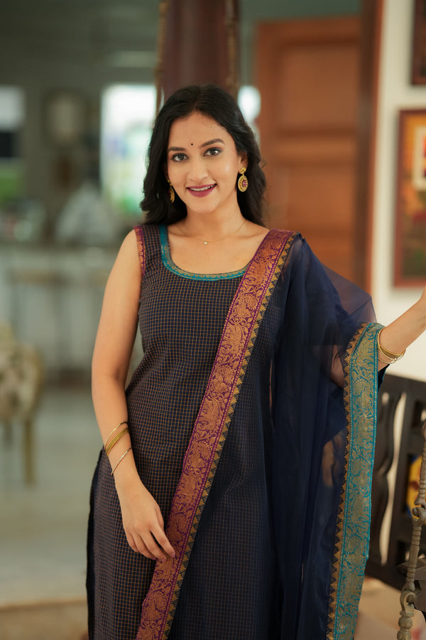 Varnika Blue Checkered Kurti Set
