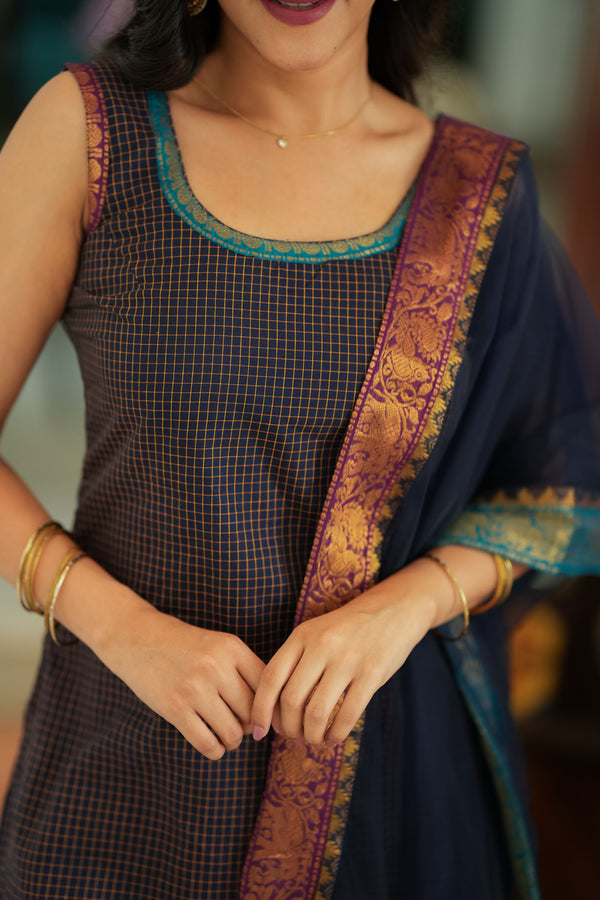 Varnika Blue Checkered Kurti Set