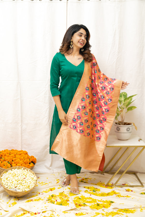 Sruthi Green with Peach Floral dupatta