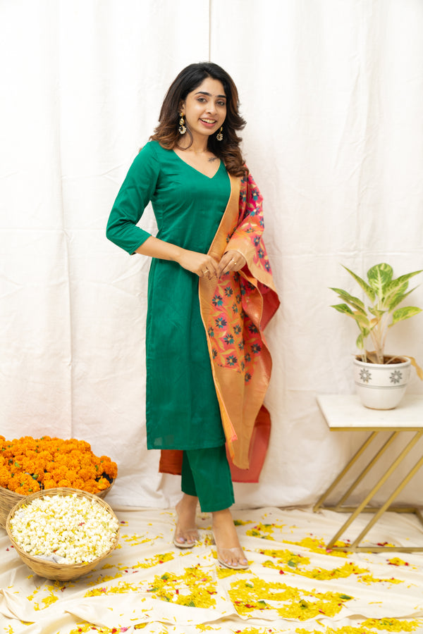 Sruthi Green with Peach Floral dupatta