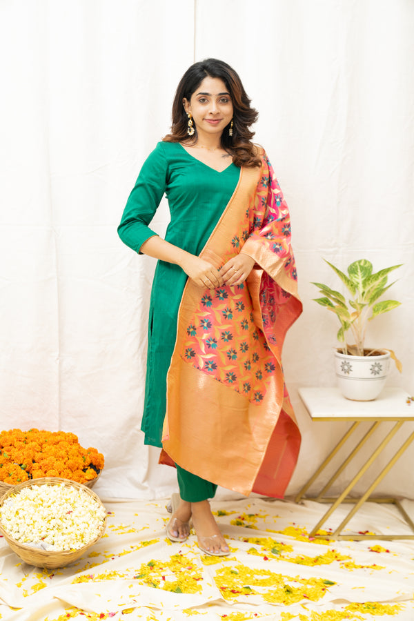 Sruthi Green with Peach Floral dupatta