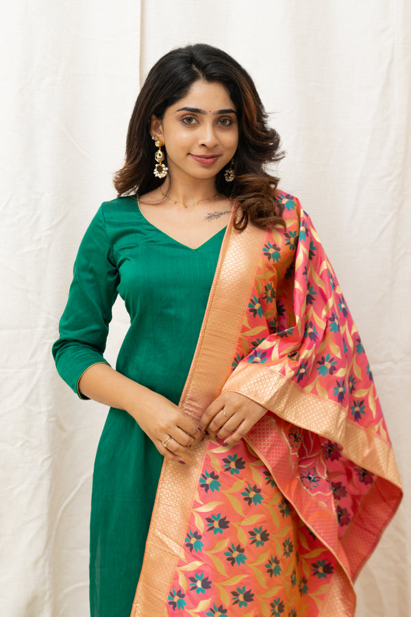 Sruthi Green with Peach Floral dupatta