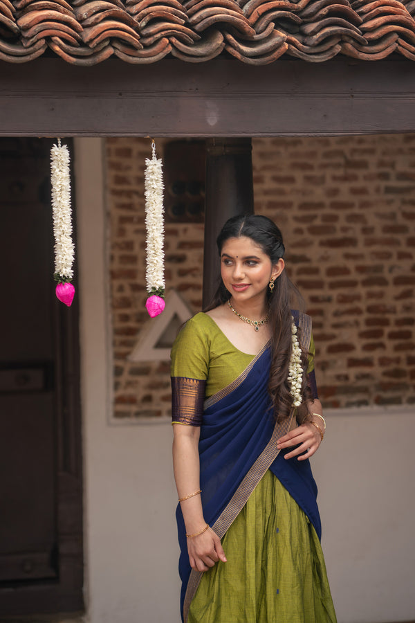 Pooja Olive Green with Navy Blue Handlom Halfsaree