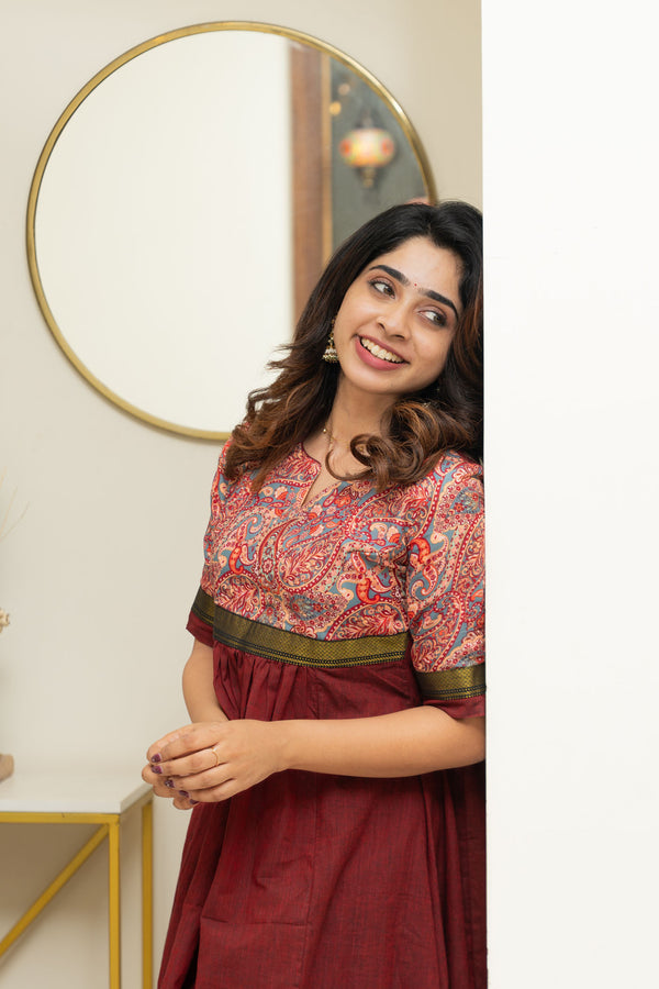 Varshini Peach & Maroon Kurti Set