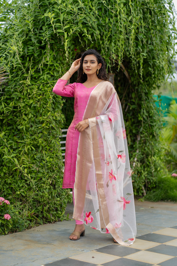 Malini Pink with White Organza Dupatta