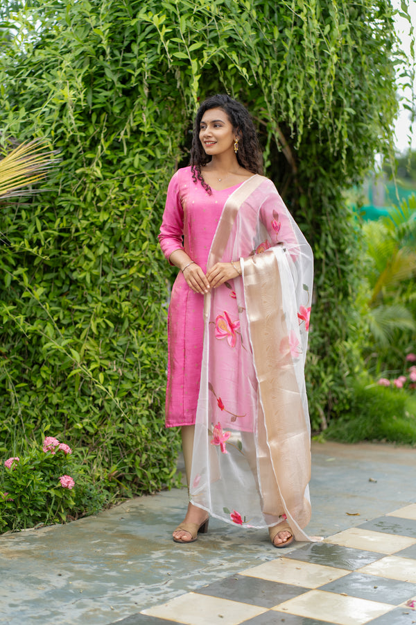 Malini Pink with White Organza Dupatta