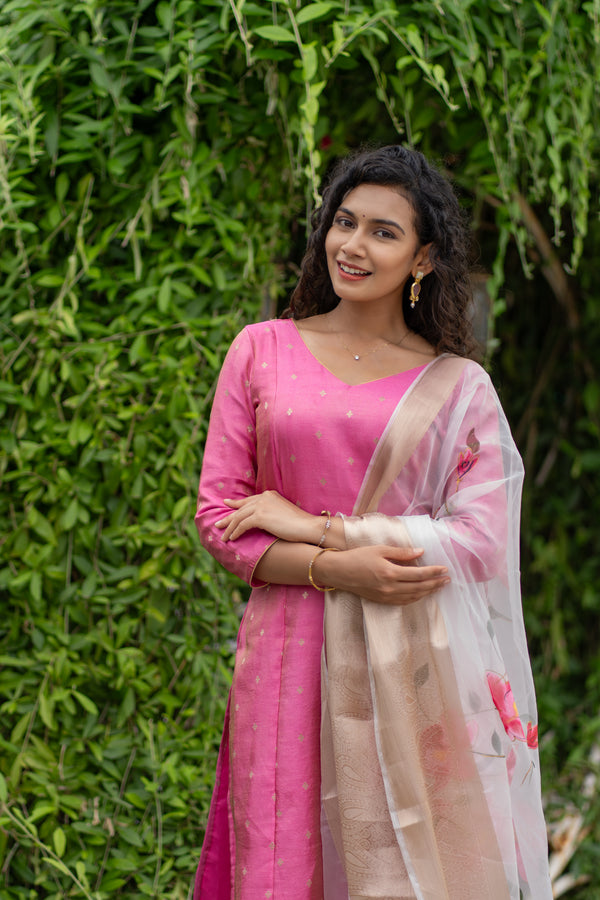 Malini Pink with White Organza Dupatta
