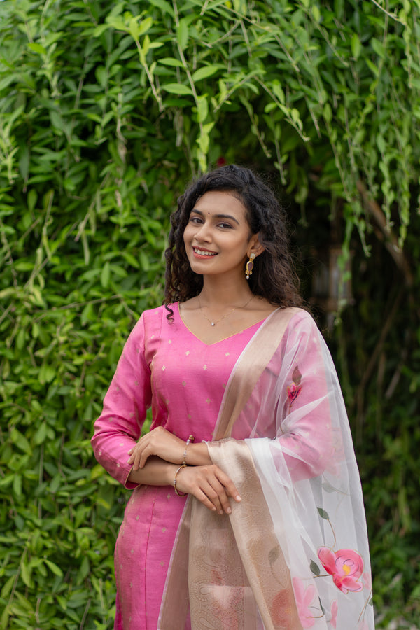 Malini Pink with White Organza Dupatta