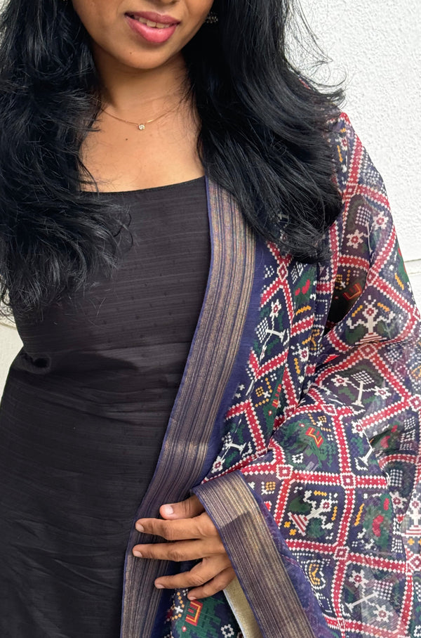 Dharvi Black With Blue Patola Printed Chanderi Dupatta