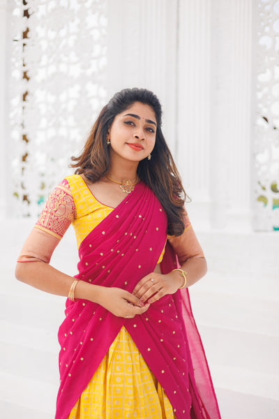 Neela Yellow Brocade Crop top Skirt with magenta dupatta (Set of 3)