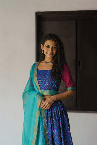 Harshini Blue with Magenta Croptop Skirt (Set of 3)